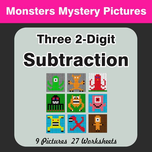 Three 2-Digit Subtraction - Color-By-Number Mystery Pictures