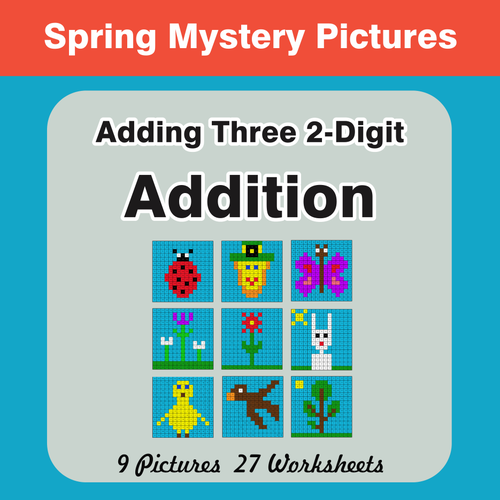 Spring Math: Adding Three 2-Digit Addition - Mystery Pictures