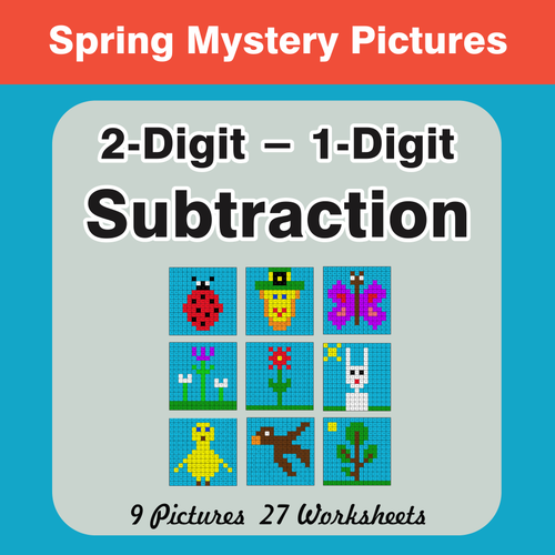 Spring Math: 2-Digit - 1-Digit Subtraction - Mystery Pictures