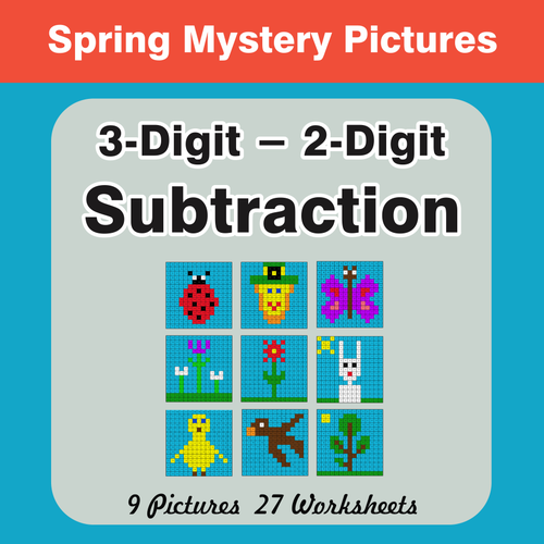 Spring Math: 3-Digit - 2-Digit Subtraction - Mystery Pictures