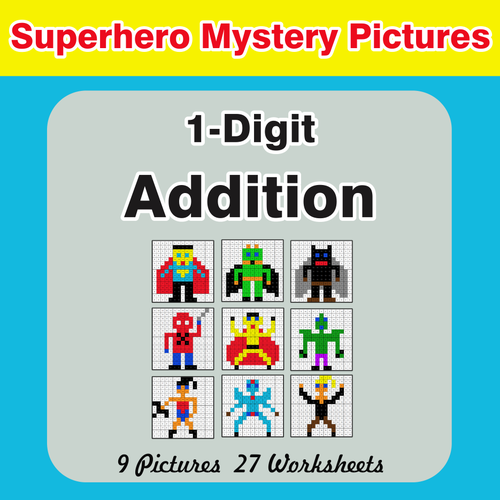 1-Digit Addition - Color-By-Number Superhero Mystery Pictures