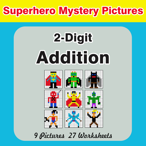 2-Digit Addition - Color-By-Number Superhero Mystery Pictures