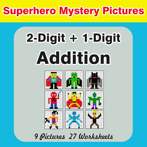2-Digit + 1-Digit Addition - Color-By-Number Superhero Mystery Pictures