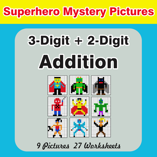 3-Digit + 2-Digit Addition - Color-By-Number Superhero Mystery Pictures