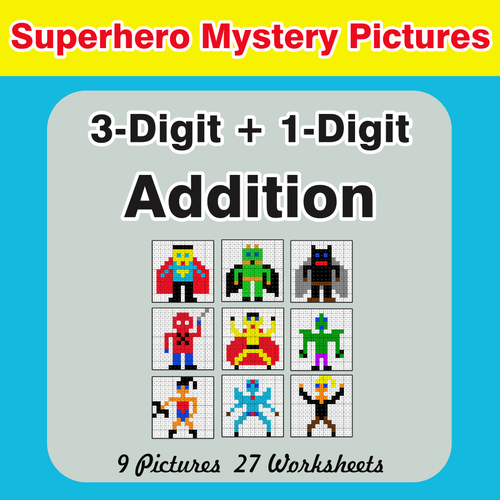 3-Digit + 1-Digit Addition - Color-By-Number Superhero Mystery Pictures