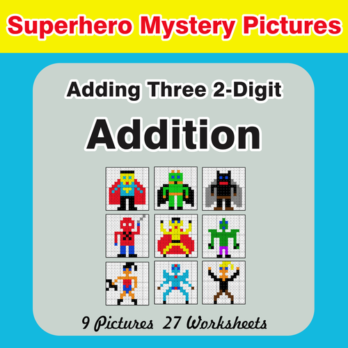 Adding Three 2-Digit Addition - Color-By-Number Superhero Mystery Pictures