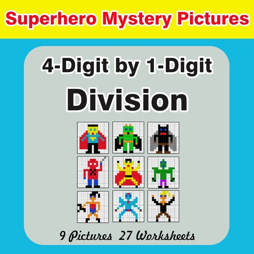 Division: 4-Digit by 1-Digit - Color-By-Number Superhero Mystery Pictures