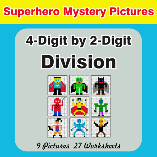 Division: 4-Digit by 2-Digit - Color-By-Number Superhero Mystery Pictures