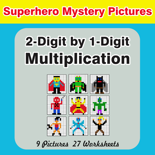 Multiplication: 2-Digit by 1-Digit - Color-By-Number Superhero Mystery Pictures