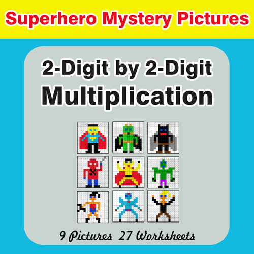 Multiplication: 2-Digit by 2-Digit - Color-By-Number Superhero Mystery Pictures