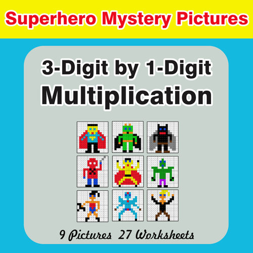 Multiplication: 3-Digit by 1-Digit - Color-By-Number Superhero Mystery Pictures