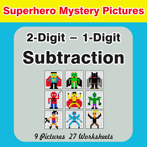 Subtraction: 2-Digit - 1-Digit - Color-By-Number Superhero Mystery Pictures