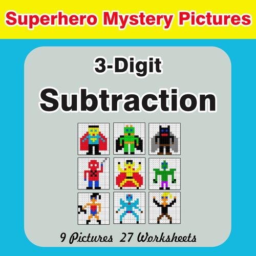 3-Digit Subtraction - Color-By-Number Superhero Mystery Pictures