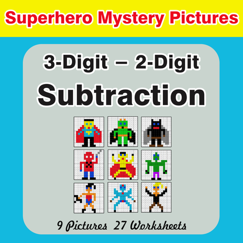 Subtraction: 3-Digit - 2-Digit - Color-By-Number Superhero Mystery Pictures