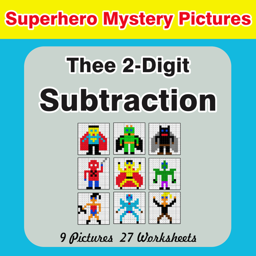 Three 2-Digit Subtraction - Color-By-Number Superhero Mystery Pictures