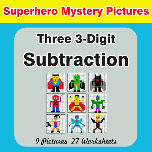 Three 3-Digit Subtraction - Color-By-Number Superhero Mystery Pictures