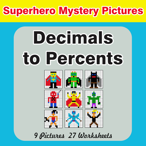 Converting Decimals to Percents - Color-By-Number Superhero Mystery Pictures