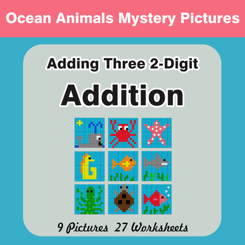 Adding Three 2-Digit Addition - Color-By-Number Mystery Pictures