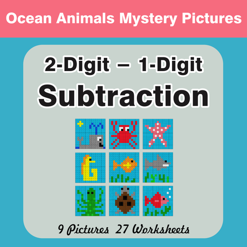 Subtraction: 2-Digit - 1-Digit - Color-By-Number Mystery Pictures