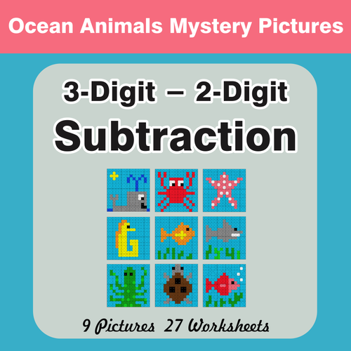 Subtraction: 3-Digit - 2-Digit - Color-By-Number Mystery Pictures