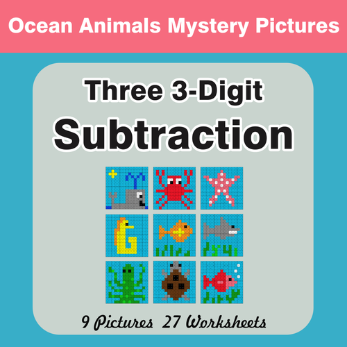 Three 3-Digit Subtraction - Color-By-Number Mystery Pictures