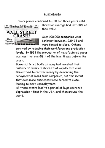 Effects of the Wall Street Crash/start of the Great Depression
