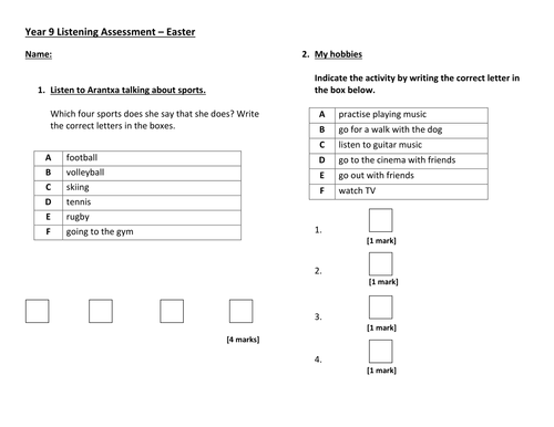 AQA Grade 1-9 exam style listening - school and pastimes