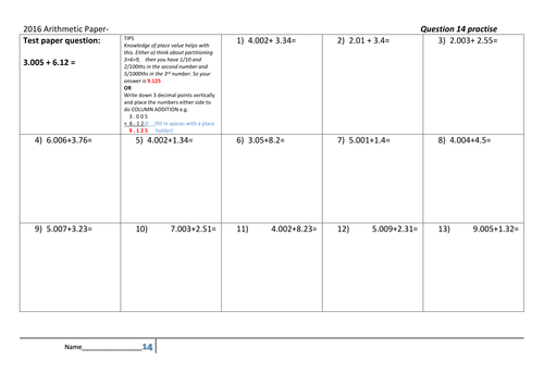 SATs Arithmetic Paper Practise-Based on Q14-26 of 2016 SATs (with answers)