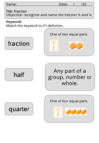 Mastery Maths - Fractions - recognise and name the fraction ½ and ¼