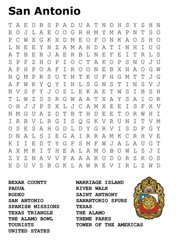 San Antonio City Word Search Teaching Resources