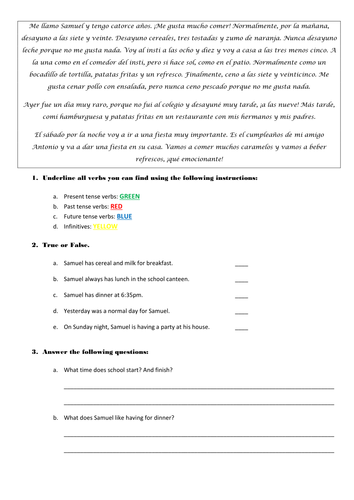 Food - Reading and writing - 3 tenses (present, preterite and immediate future)