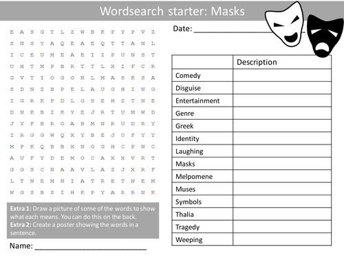 Drama Masks Keyword Wordsearch Crossword Anagrams Brainstormer Keyword Starters Homework Cover