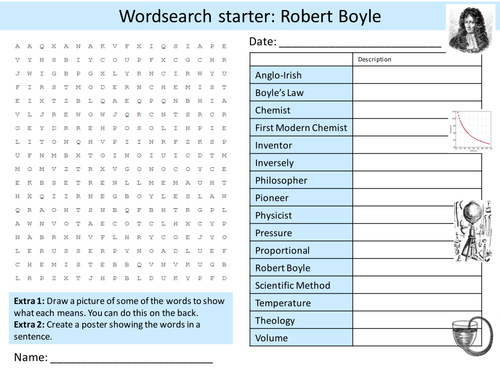 Scientist Robert Boyle 6 x Starters Boyle's Law Wordsearch Crossword Anagram Alphabet Keyword Cover