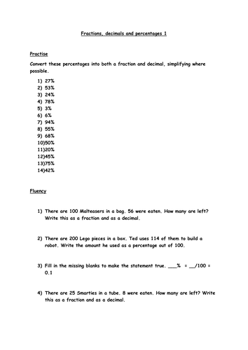 year 6 fractions decimals and percentages worksheet teaching resources