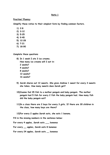 Year 6 Ratio Worksheet