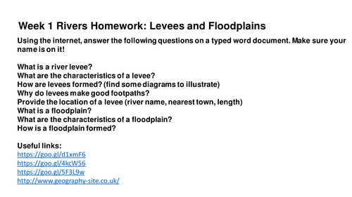 AQA Geography 1-9 Rivers: 3 weeks homework tasks