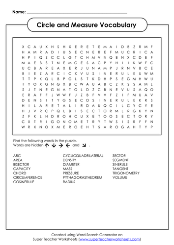 Circle and Measure Vocabulary Wordsearch and Crossword.