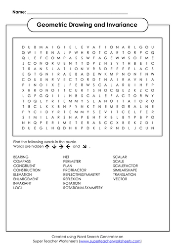 Geometric Drawing And Invariance Vocabulary Wordsearch And Crossword Teaching Resources