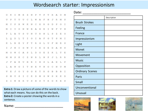 Art Movement Impressionism 6 x Starter Activities Wordsearch, Anagrams Alphabet Crossword Cover