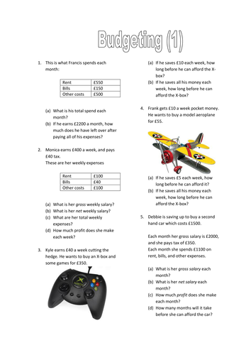 Budgeting worksheet (for National 4 Lifeskills)