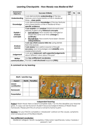 Learning journey sheet for y7