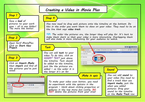 Serif Movie Plus help sheet - How to create a movie from saved images - FUN End of Term lesson!