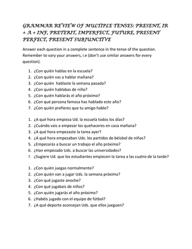 Grammar review multiple tenses: present, preterit, imperfect, future etc