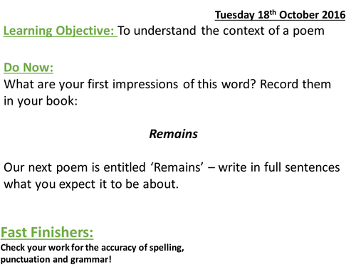 Remains - Simon Armitage (AQA Lit)- 2 Full lesson PowerPoints and Resources
