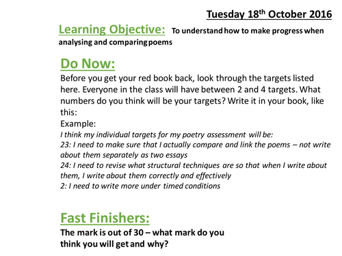 AQA Lit Poetry component mock / PPE assessment and then formative feedback lessons