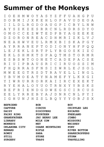 Summer of the Monkeys Word Search