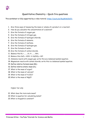 QUANTITATIVE CHEMISTRY. AQA C1-Topic 3 Quick Fire Questions. GCSE 9-1 Combined Science or Chemistry