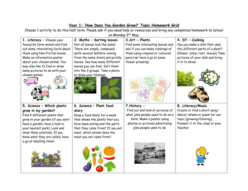 Year 1 Growing and Farming Topic Homework Grid