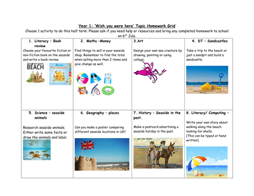 Year 1 Wish You Were Here Topic Homework Grid