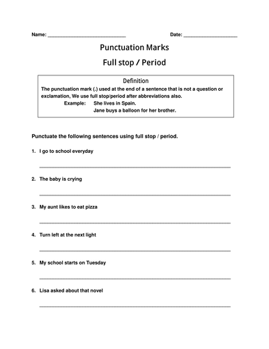 Worksheet of Punctuation Mark- Full Stop / Period